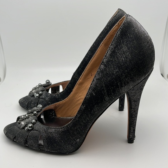 Badgley Mischa Monique Metallic Black Jeweled Peep Toe Heels Shoes Size 7.5 - Picture 7 of 14